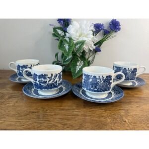Vintage Churchill Blue Willow Coffee Cups Saucers England Blue White Farmhouse
